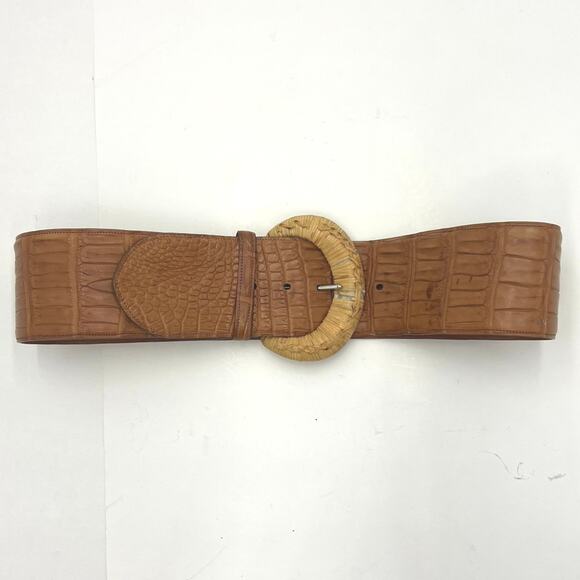 Ralph Lauren Womens Crocodile Brown Belt with Wicker Detail MSRP $2250 Size Med - Picture 1 of 15